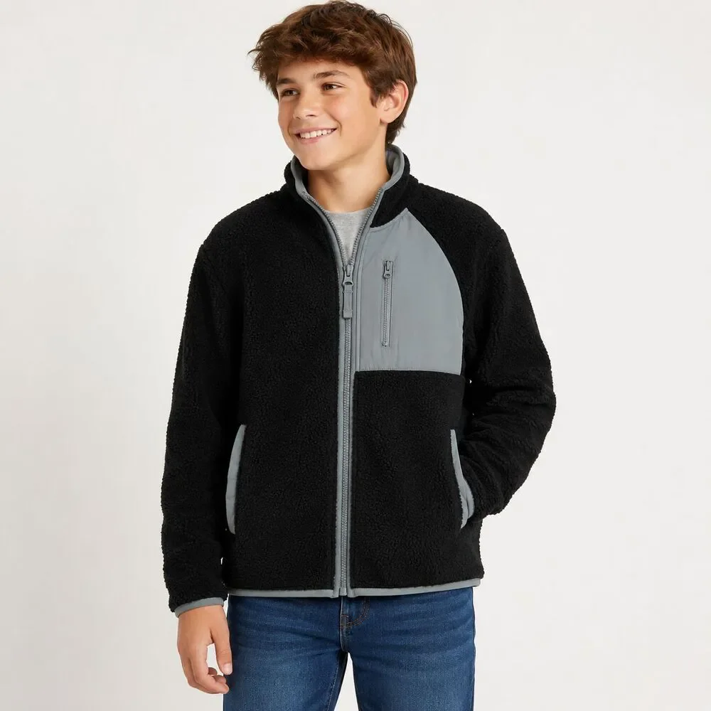 The Children's Place Boys Sherpa Fleece Full Zip Jacket Black Gray XL New